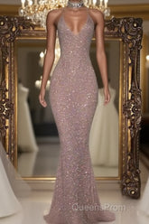 Gorgeous Sequined Mermaid Spaghetti-Strap Long Sleevesless Evening Prom Party Gowns