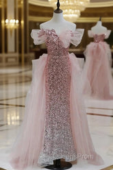 Gorgeous Sheath Off The Shoulder Pink Sequin Long Evening Dress Evening Prom Dress Birthday Outfits