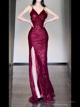 Gorgeous Sheath Spaghetti Straps Burgundy Sequin Long Evening Dress Prom Dresses Birthday Outfits