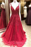 Gorgeous Spaghetti Strap Applique Evening Prom Dress Red Tulle Sleeveless Evening Dress
