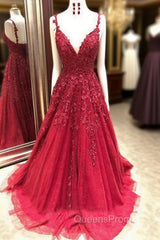 Gorgeous Spaghetti Strap Applique Evening Prom Dress Red Tulle Sleeveless Evening Dress