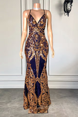 Gorgeous Spaghetti-Straps Sequins Mermaid Evening Prom Dress Long V-Neck