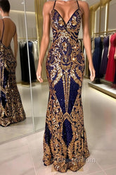 Gorgeous Spaghetti-Straps Sequins Mermaid Evening Prom Dress Long V-Neck