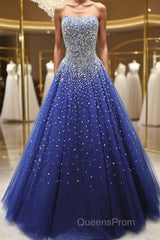Gorgeous Strapless Blue Tulle Beaded Long Evening Prom Dress, Beaded Blue Formal Evening Dress, Beaded Ball Gown