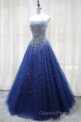 Gorgeous Strapless Blue Tulle Beaded Long Evening Prom Dress, Beaded Blue Formal Evening Dress, Beaded Ball Gown
