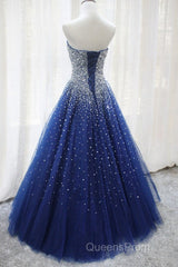 Gorgeous Strapless Blue Tulle Beaded Long Evening Prom Dress, Beaded Blue Formal Evening Dress, Beaded Ball Gown