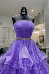 Gorgeous Strapless Layered Purple Tulle Long Evening Prom Dress with Belt, Purple Formal Evening Dress, Purple Ball Gown