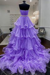 Gorgeous Strapless Layered Purple Tulle Long Evening Prom Dress with Belt, Purple Formal Evening Dress, Purple Ball Gown