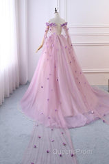 Gorgeous Tulle Off Shoulder Flowers Lace-Up Long Formal Dress, Pink Evening Prom Dress