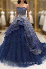 Gorgeous Tulle Strapless Beaded Long Layered Evening Dress, Blue Evening Dress Evening Prom Dress