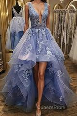 Gorgeous V Neck and V Back Blue Tulle Lace Long Evening Prom Dress, Puffy Blue Lace Formal Evening Dress