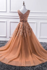Gorgeous V Neck Champagne Lace Long Evening Prom Dress, Champagne Lace Formal Graduation Evening Dress