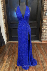 Gorgeous V Neck Mermaid Blue Sequins Long Evening Prom Dress, Mermaid Blue Formal Dress, Blue Evening Dress