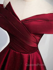 Gorgeous Wine Red Satin Off Shoulder Party Dress , Beautiful Wine Red Evening Prom Dress