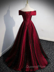 Gorgeous Wine Red Satin Off Shoulder Party Dress , Beautiful Wine Red Evening Prom Dress