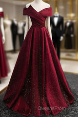 Gorgeous Wine Red Satin Off Shoulder Party Dress , Beautiful Wine Red Evening Prom Dress