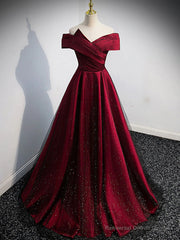 Gorgeous Wine Red Satin Off Shoulder Party Dress , Wine Red Prom Dresses