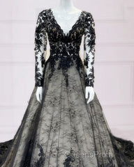 Gothic Black Lace Wedding Dress Long Sleeves