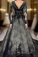 Gothic Black Lace Wedding Dress Long Sleeves