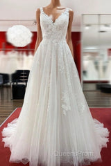 Graceful Long A-line Tulle V Neck Lace Open Back Wedding Dress