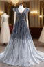 Gradation Gray Tulle V-neck Beading Evening Prom Dress