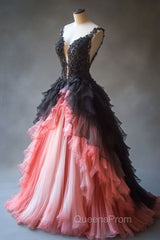 Gradient A-Line Tulle Lace Deep V Neck Long Evening Prom Dress, Layered Beaded Evening Dress