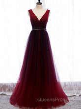 Gradient Beaded Wine Red Tulle Long Party Dress, A-line Wine Red Evening Prom Evening Dress