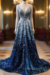 Gradient Blue A-Line Spaghetti Straps Sequins Long Evening Prom Dress V-Neck Evening Gown