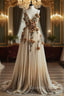 Gradient Champagne V-Neck Chiffon A-Line Evening Prom Dress Three-Dimensional Rose Simple Wedding Dress