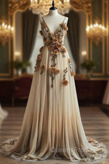 Gradient Champagne V-Neck Chiffon A-Line Evening Prom Dress Three-Dimensional Rose Simple Wedding Dress