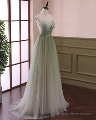 Gradient Light Green Beaded Tulle A-line Party Dress Long Junior Prom Dress prom dresses shops