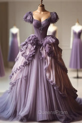 Gradient Purple A-Line Sweetheart Neck Tulle Lace Vintage Long Evening Prom Dress