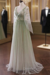 Gradient Tulle Green Beaded Long Sleeves Party Dress, Green Evening Dress