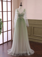 Gradient Tulle Green Beaded Long Sleeves Party Dress, Green Evening Dress