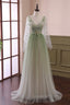 Gradient Tulle Green Long Sleeves Party Dress, Green Evening Dress