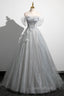 Gray A-Line Off the Shoulder Tulle Evening Prom Dress, Lovely Corset Floor Length Party Dress