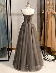 Gray A-Line Evening Prom Dress Open Back Dress Evening Wedding Party Floor Length Sleeveless Spaghetti Strap Tulle with Pleats Crystals