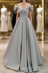 Gray A-Line Satin Long Evening Prom Dress, Gray Formal Evening Dress