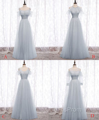 Gray A line Tulle Long Evening Prom Dress, Gray Evening Bridesmaid Dress