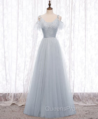 Gray A line Tulle Long Evening Prom Dress, Gray Evening Bridesmaid Dress
