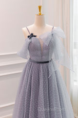 Gray A-Line Tulle Long Evening Prom Dress, Gray Formal Evening Dress