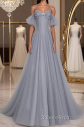 Gray A line tulle off shoulder Evening Prom Dress, gray long evening Dress