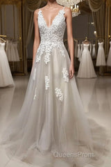 Gray A Line V Neck Lace Appliques Tulle Long Evening Prom Dress, Lace Gray Formal Dress, Evening Dress 2019