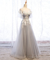 Gray Aline Lace Long Prom Dress, Gray Tulle Lace Formal Graduation Dress