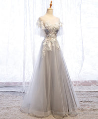 Gray Aline Lace Long Prom Dress, Gray Tulle Lace Formal Graduation Dress