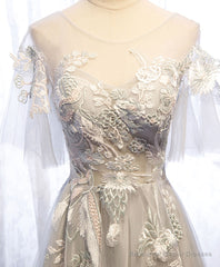 Gray Aline Lace Long Prom Dress, Gray Tulle Lace Formal Graduation Dress