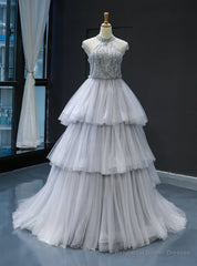 Gray Ball Gown Tulle High Neck Backless Cap Sleeve Prom Dress With Pearls