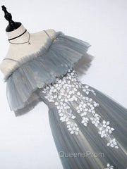Gray Blue A line Tulle Lace Long Evening Prom Dress, Gray Blue Graduation Dress