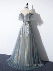 Gray Blue A line Tulle Lace Long Evening Prom Dress, Gray Blue Graduation Dress