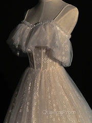 Gray blue/champagne Tulle Long Evening Prom Dress, Tulle Evening Graduation Dress